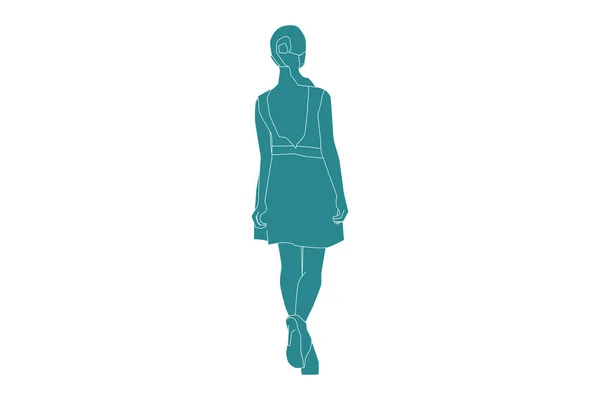 Векторная Иллюстрация Элегантной Женщины Платье Выглядит Сзади Плоский Стиль Контуром — стоковый вектор