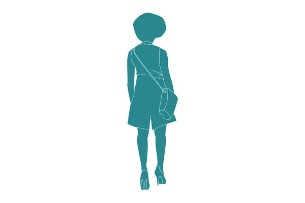 Vector Illustration Casual Woman Wearing Mini Dress Looks Flat Style — Vector de stock