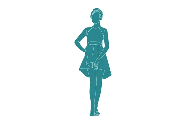 Vector Illustration Elegant Woman Dress Flat Style Outline — ストックベクタ