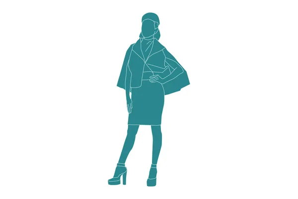 Vector Illustration Fashionable Woman Posing Flat Style Outline — ストックベクタ