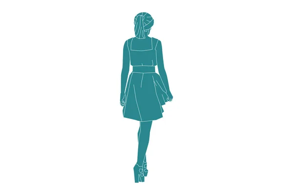 Vector Illustration Elegant Woman Walking Mini Dress Flat Style Outline — Image vectorielle