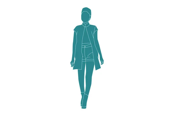 Vector Illustration Fashionable Woman Sideroad Skirt Flat Style Outline — стоковый вектор