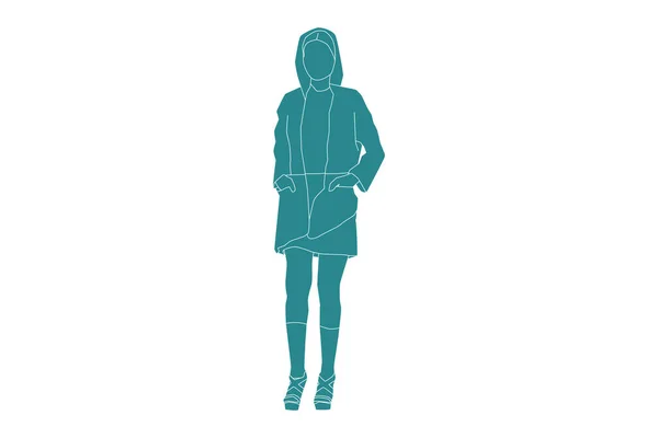 Vector Illustration Fashionable Woman Sideroad Hoodie Flat Style Outline — Image vectorielle