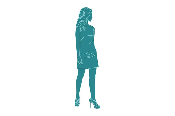 Vector Illustration Stylish Woman Mini Dress Flat Style Outline — Vector de stock