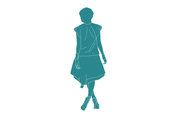 ファッショナブルな女性の歩行のベクトルイラスト後ろから見て アウトラインとフラットスタイル — ストックベクタ