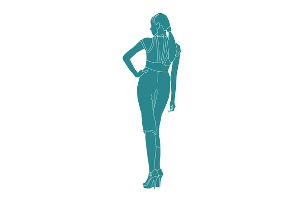 Vector Illustration Casual Woman Posing Looks Flat Style Outline — ストックベクタ