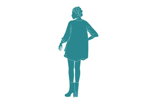 Vektorová Ilustrace Elegantní Ženy Pózující Mini Šaty Plochý Styl Obrysem — Stockový vektor