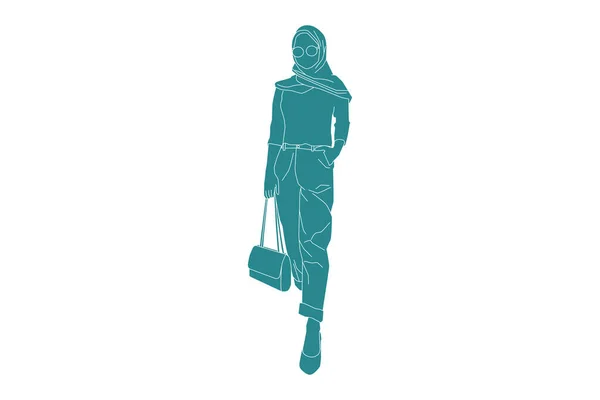 Vector Illustration Stylish Muslim Woman Posing Flat Style Outline — Vettoriale Stock