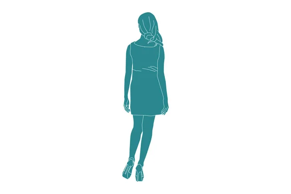 Διάνυσμα Εικονογράφηση Της Κομψής Γυναίκας Ποζάρουν Μίνι Φόρεμα Κοιτάζει Από — Διανυσματικό Αρχείο