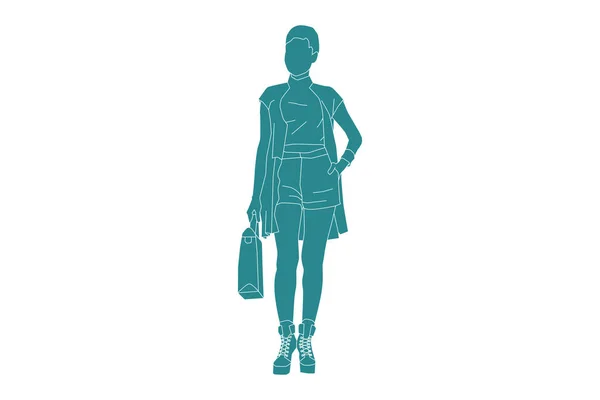 Διανυσματική Απεικόνιση Της Casual Γυναίκα Θέτει Τσάντα Επίπεδη Στυλ Περίγραμμα — Διανυσματικό Αρχείο