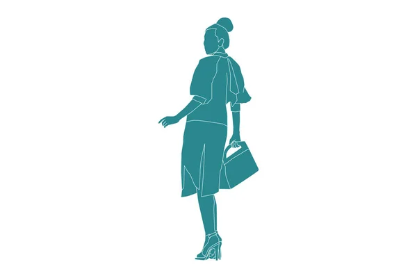 Ilustración Vectorial Mujer Casual Posando Con Bolsa Estilo Plano Con — Vector de stock