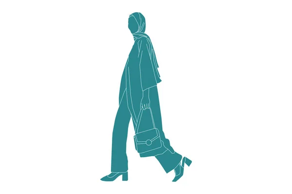 Διάνυσμα Εικονογράφηση Της Κομψής Γυναίκας Μουσουλμανικό Περπάτημα Επίπεδη Στυλ Περίγραμμα — Διανυσματικό Αρχείο