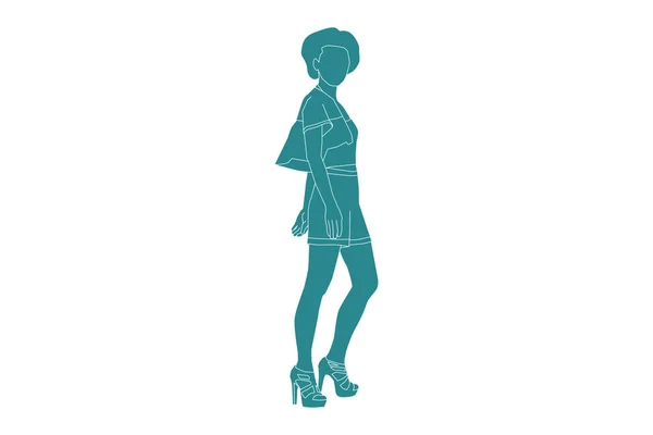 Ilustración Vectorial Mujer Elegante Posando Estilo Plano Con Contorno — Vector de stock