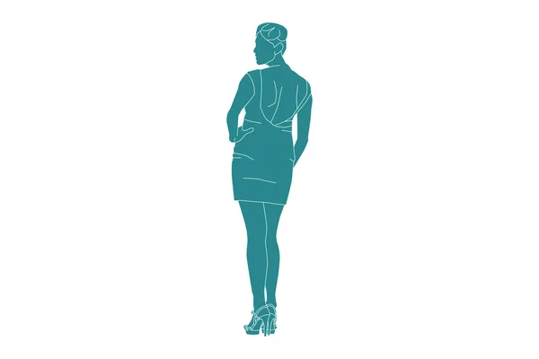 Vector Illustration Elegant Woman Posing Mini Dress Flat Style Outline — Image vectorielle