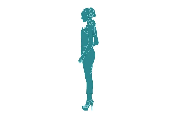 Vector Illustration Stylish Woman Posing Looks Side Flat Style Outline — Vettoriale Stock