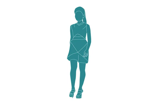 时尚女性行走的矢量图解 带有轮廓的平面风格 — 图库矢量图片