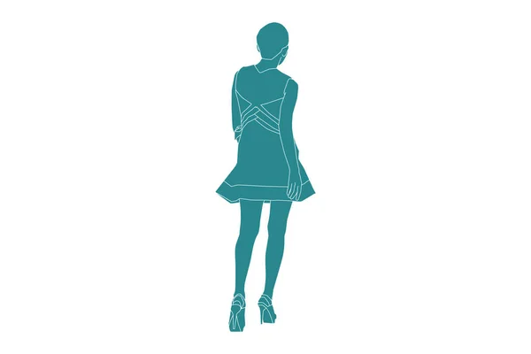 Vector Illustration Elegant Woman Walking Looks Flat Style Outline — стоковый вектор