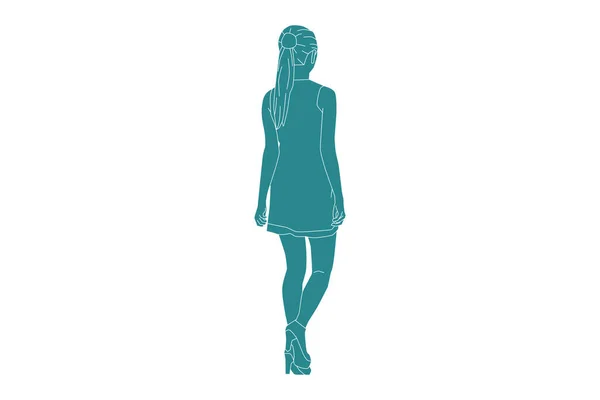 Vector Illustration Elegant Woman Walking Looks Flat Style Outline — Stock Vector