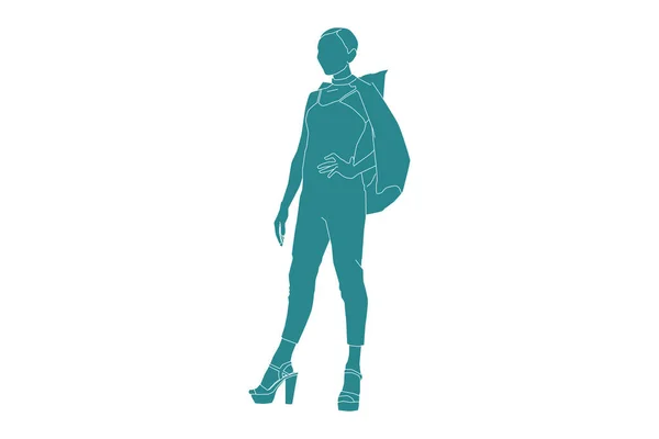 Ilustración Vectorial Las Mujeres Moda Posando Estilo Plano Con Contorno — Vector de stock