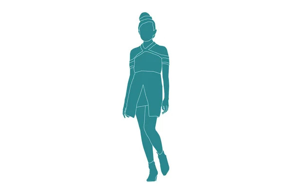 Ilustración Vectorial Mujeres Elegantes Caminando Estilo Plano Con Contorno — Vector de stock