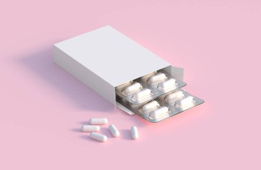 Mockup template with two blisters with white pills capsules in packaging boxes. 3d render