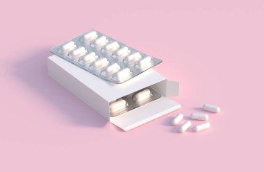 Mockup template with two blisters with white pills capsules in packaging boxes. 3d render