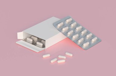 Mockup template with two blisters with white pills capsules in packaging boxes. 3d render