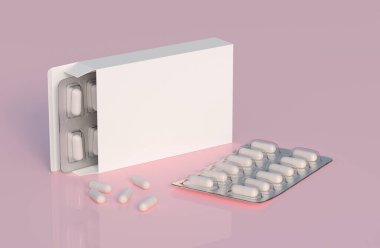 Mockup template with two blisters with white pills capsules in packaging boxes. 3d render