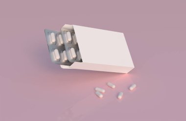 Mockup template with two blisters with white pills capsules in packaging boxes. 3d render