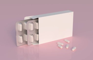 Mockup template with two blisters with white pills capsules in packaging boxes. 3d render