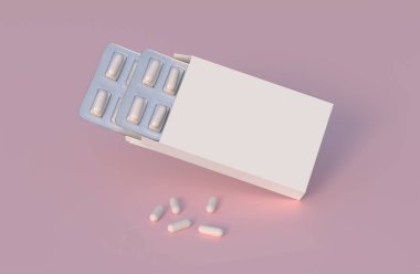 Mockup template with two blisters with white pills capsules in packaging boxes. 3d render