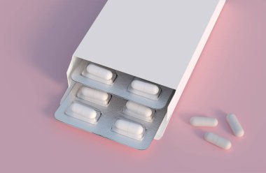 Mockup template with two blisters with white pills capsules in packaging boxes. 3d render