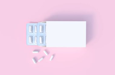 Mockup template with two blisters with white pills capsules in packaging boxes. 3d render