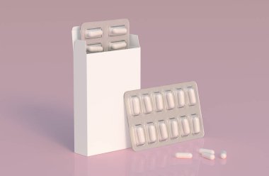 Mockup template with two blisters with white pills capsules in packaging boxes. 3d render