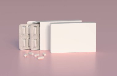 Mockup template with two blisters with white pills capsules in packaging boxes. 3d render