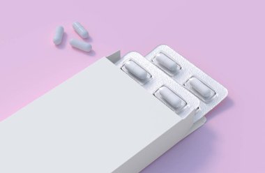 Mockup template with two blisters with white pills capsules in packaging boxes. 3d render