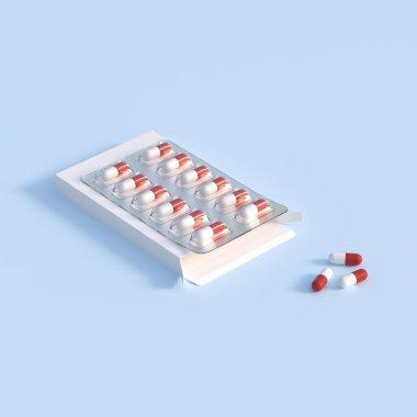 Mockup template with two blisters with white pills capsules in packaging boxes. 3d render