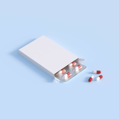 Mockup template with two blisters with white pills capsules in packaging boxes. 3d render