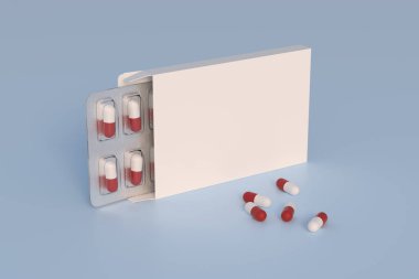Mockup template with two blisters with white pills capsules in packaging boxes. 3d render