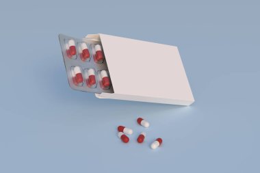 Mockup template with two blisters with white pills capsules in packaging boxes. 3d render