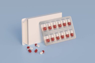 Mockup template with two blisters with white pills capsules in packaging boxes. 3d render