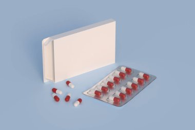 Mockup template with two blisters with white pills capsules in packaging boxes. 3d render
