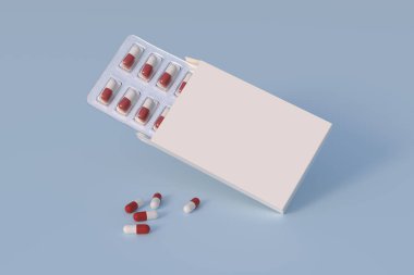 Mockup template with two blisters with white pills capsules in packaging boxes. 3d render