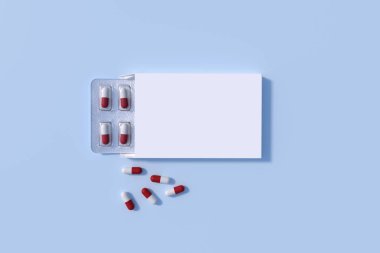 Mockup template with two blisters with white pills capsules in packaging boxes. 3d render