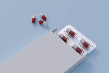Mockup template with two blisters with white pills capsules in packaging boxes. 3d render