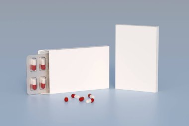 Mockup template with two blisters with white pills capsules in packaging boxes. 3d render