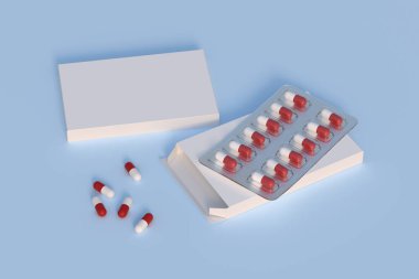 Mockup template with two blisters with white pills capsules in packaging boxes. 3d render