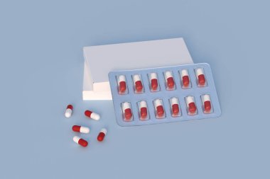 Mockup template with two blisters with white pills capsules in packaging boxes. 3d render