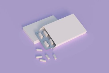 Mockup template with two blisters with white pills capsules in packaging boxes. 3d render
