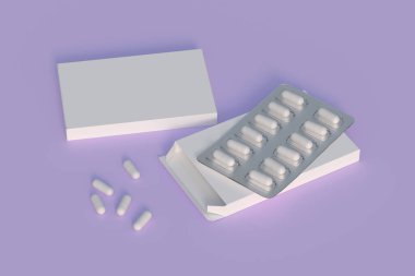 Mockup template with two blisters with white pills capsules in packaging boxes. 3d render